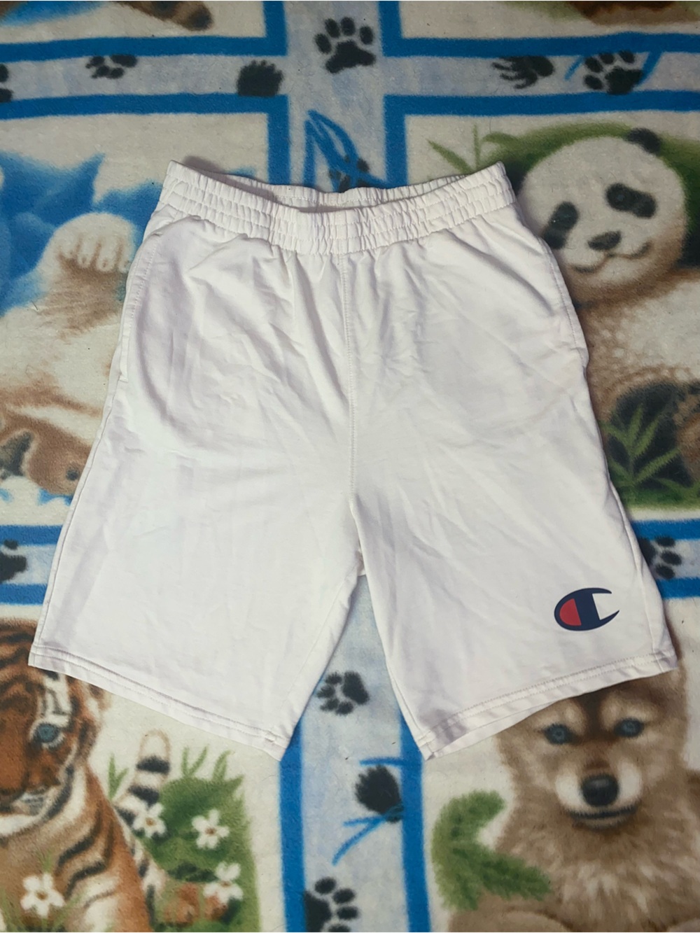 Champion Kids White Athletic Shorts with Navy & Red Logo